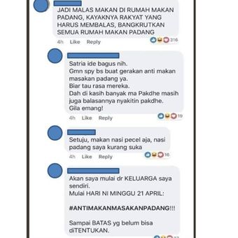 Tangkapan layar komentar di Facebook mengenai aksi pemboikotan nasi padang.