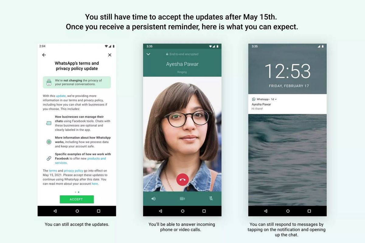 Penjelasan soal pembatasan fungsi akun apabila pengguna tak menyetujui berlakunya kebijakan privasi baru WhatsApp pada 15 Mei 2021