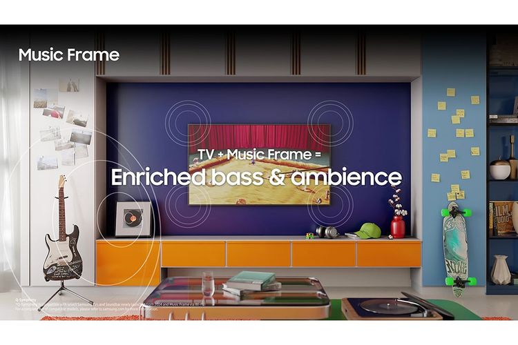 Samsung Music Frame mendukung Q-Symphony, fitur yang memungkinkan suara dari speaker Smart TV dan speaker nirkabel Samsung Music Frame diputar secara bersamaan.