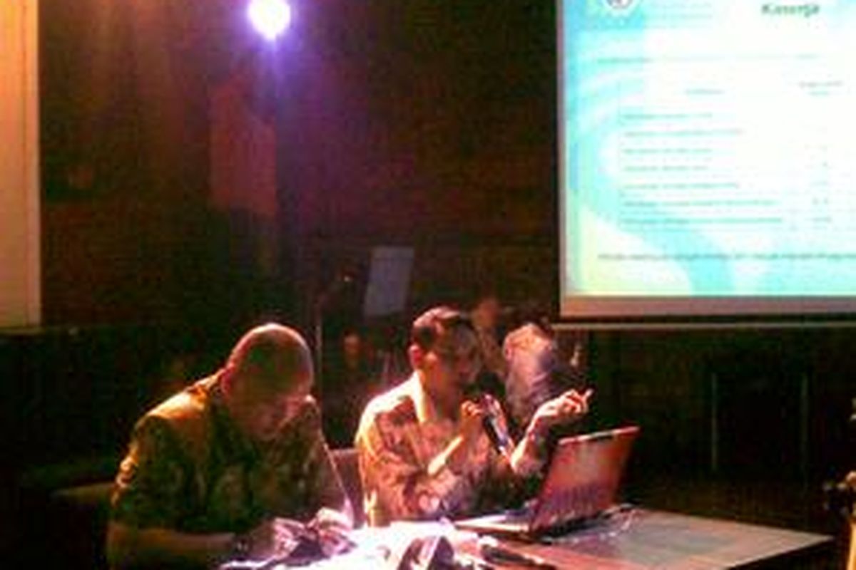 Direktur Riset Lingkaran Survei Indonesia (LSI) Arman Salam menjelaskan hasil survei LSI terkait 'Satu atau Dua Putaran dalam Pilpres Mendatang' di Pisa Cafe Mahakam, Kamis (11/6). Survei menunjukkan pasangan SBY-Boediono berpotensi menang dalam satu putaran jika tak ada blunder yang cukup berarti.