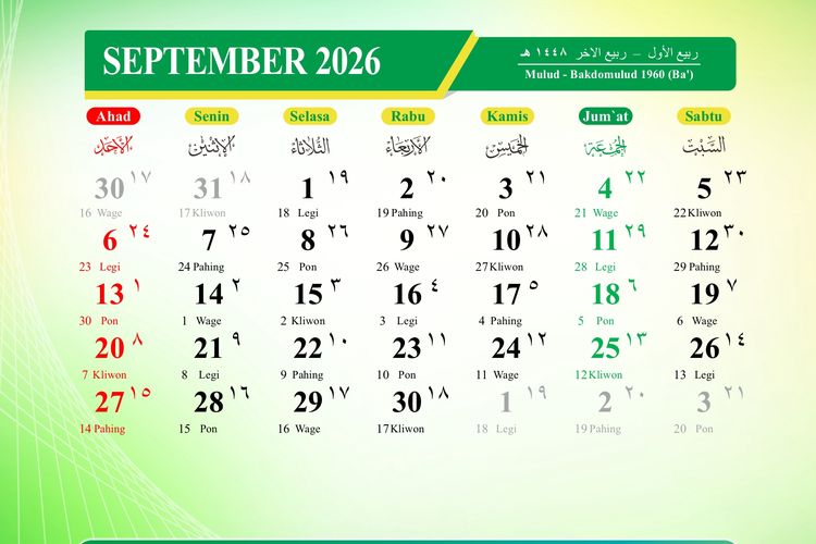 Kalender September 2026: Tanggal Merah dan Peringatan Hari Besar