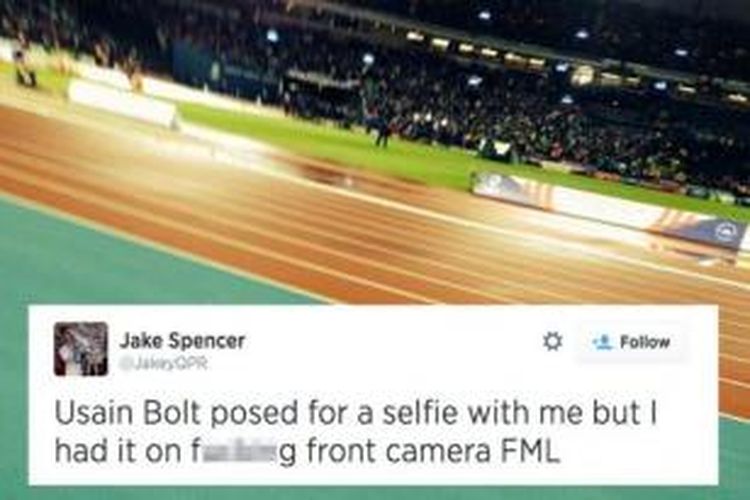 Hasil selfie Jake Spencer dengan pelari Jamaika, Usain Bolt, yang diunggah di Twitter.
