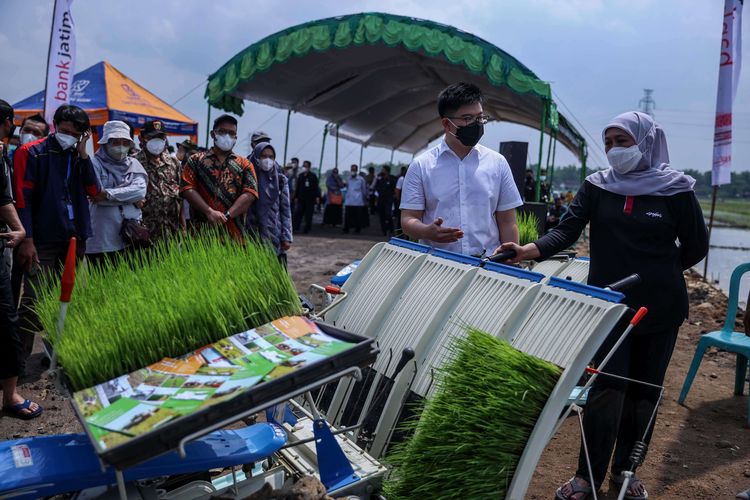 Gubernur Jawa Timur Khofifah Indar Parawansa dan CEO PT Maxxi Tani Teknologi Nicholas Taniadi (kiri) meninjau mesin tanam bibit padi Maxxi Rice Transplanter dalam kegiatan gerakan percepatan tanam padi di Desa Dempel, Kabupaten Ngawi, Jawa Timur, Minggu (24/4/2022). PT Maxxi Tani Teknologi perusahaan yang bergerak di bidang digitalisasi proses pertanian menargetkan di sepanjang 2022 dapat bekerja sama dengan 100.000 petani di Jawa Timur dengan total area 30.000 hektar (ha).