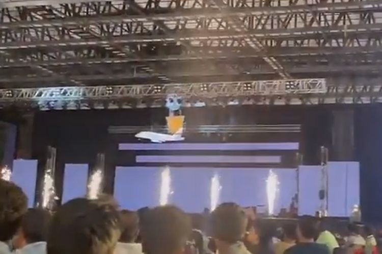 Video menunjukkan CEO Vistex Sanjay Shah yang naik sangkar besi warna kuning sebelum terjatuh dari atas panggung.