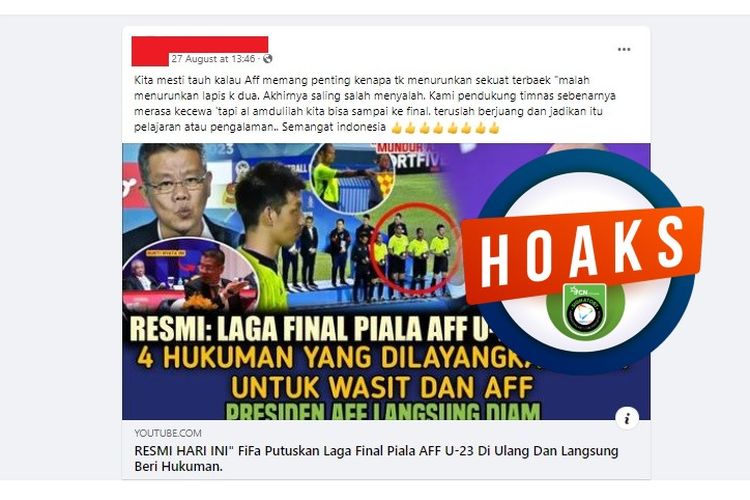 Tangkapan layar Facebook narasi yang menyebut final Piala AFF U-23 2023 akan diulang