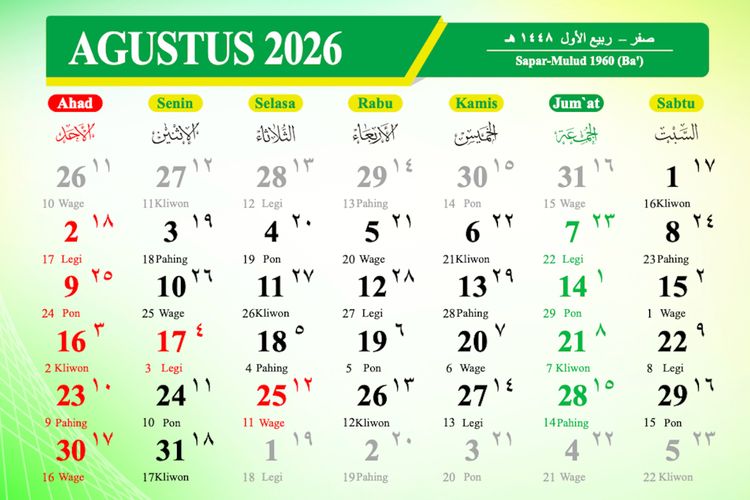 Kalender Agustus 2026 Lengkap: Tanggal Merah, Libur Nasional, dan Long Weekend