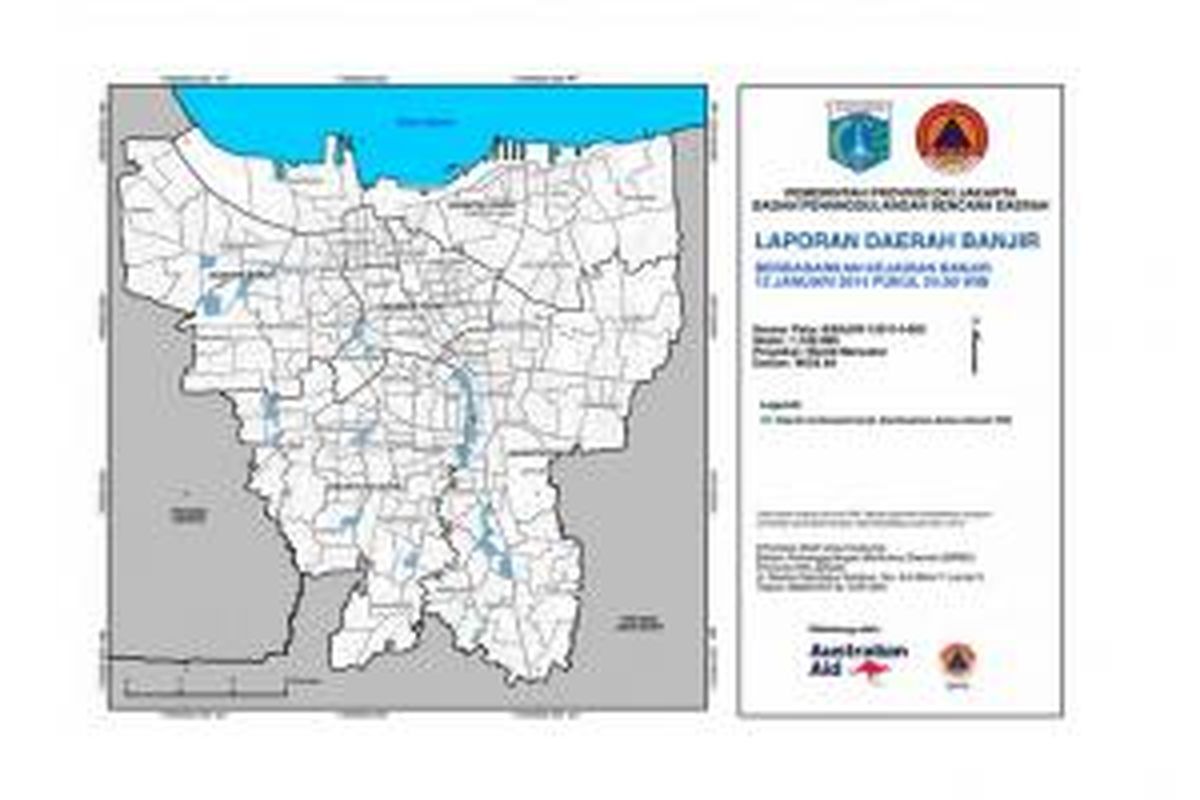 Peta wilayah DKI Jakarta yang sudah terdampak banjir sampai dengan Minggu (12/1/2014) tengah malam