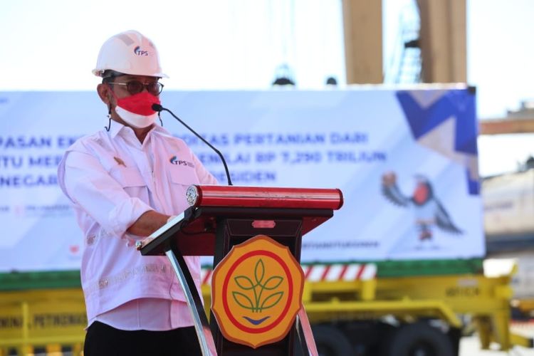 Menteri Pertanian Syahrul Yasin Limpo dalam peresmian program Merdeka Ekspor 2021, Sabtu (14/8/2021).