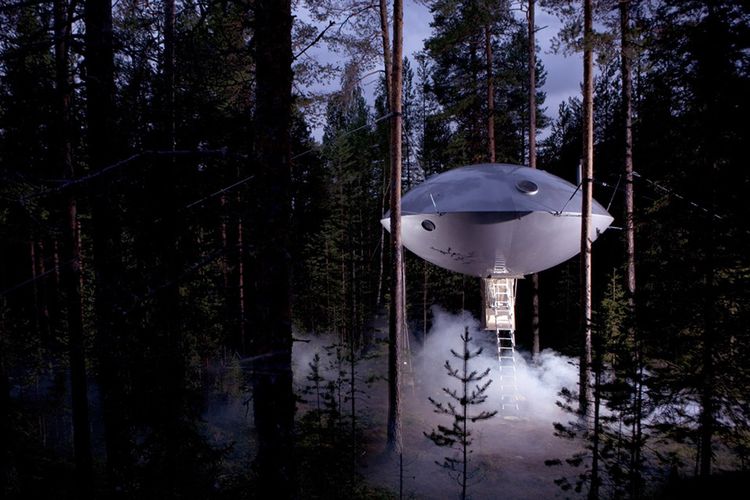 Berada di tengah hutan, struktur hotel yang mirip pesawat luar angkasa terlihat seperti menggantung di antara pepohonan