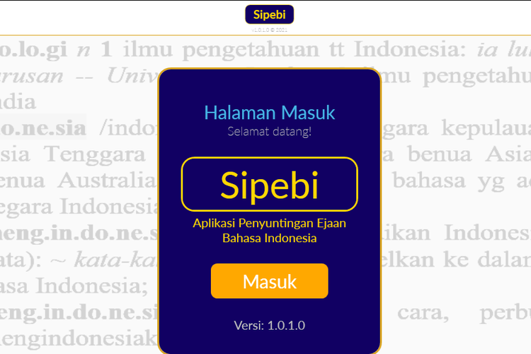 Tampilan awal Sipebi, aplikasi penyunting ejaan bahasa Indonesia