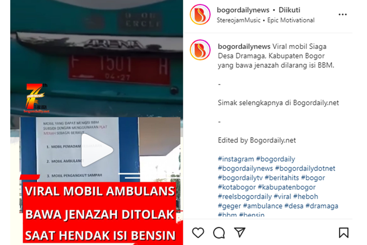 Tangkapan layar unggahan video bernarasi ambulans desa yang membawa jenazah tidak boleh mengisi bahan bakar minyak (BBM) di SPBU.