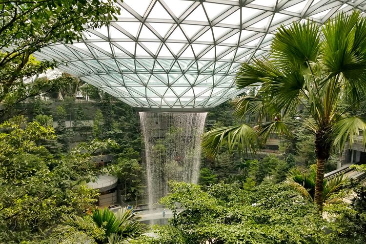 Air terjun dalam ruangan tertinggi di dunia bernama Rain Vortex di Bandara Jewel Changi, Singapura.