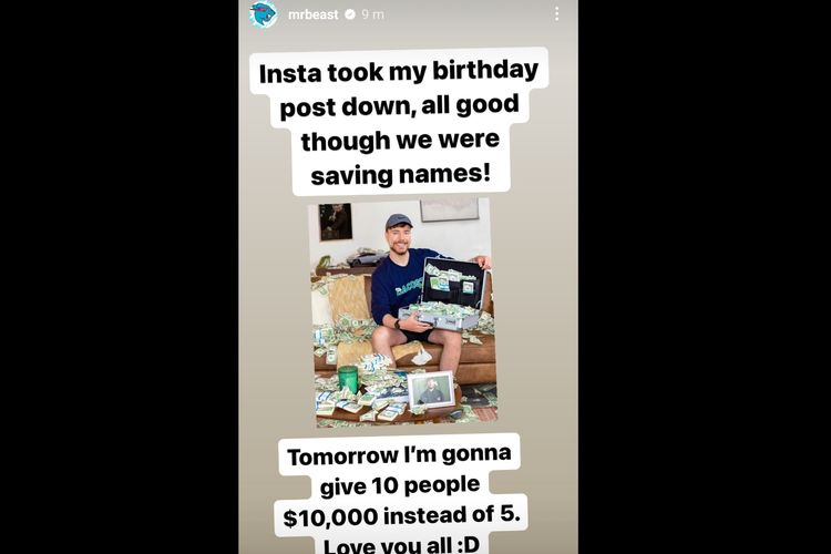 YouTuber MrBeast mengumumkan unggahannya dihapus Instagram, Selasa (9/5/2023).
