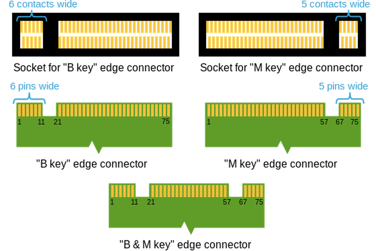 Tipe-tipe konektor di slot M2 di motherboard (atas, warna hitam), dan di perangkat hardware yang terpasang ke slot. 