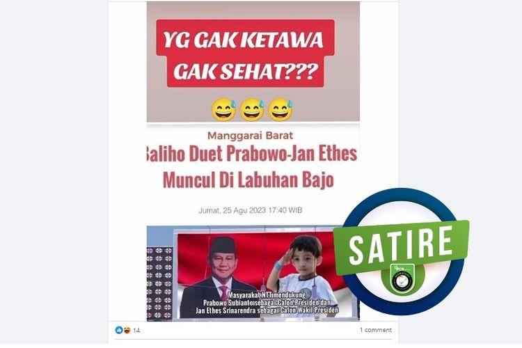 Tangkapan layar Facebook narasi yang menyebut di Labuan Bajo muncul baliho Prabowo dan Jan Ethes