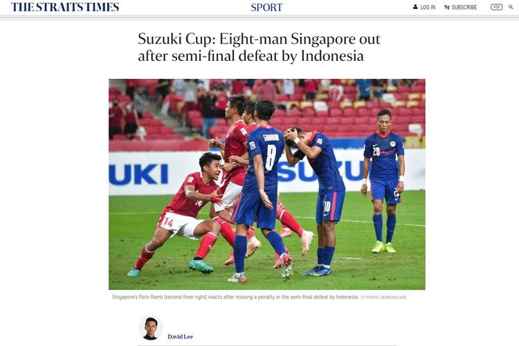 Media asal Singapura, The Straits Times, menyorot kemenangan timnas Indonesia melawan Singapura pada leg kedua semifinal Piala AFF 2020, Sabtu (25/12/2021) malam WIB.