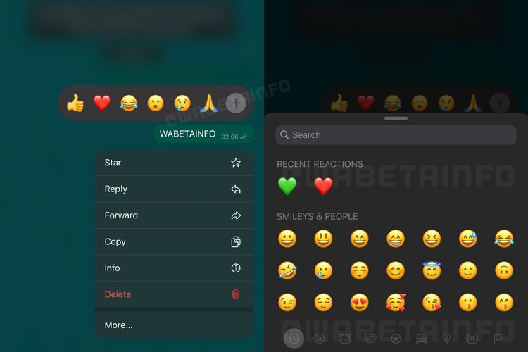 Whastapp mengumumkan akan melakukan pembaruan fitur reactions emoji untuk pengguna iOS (Sumber: WA Beta Info