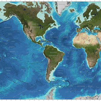 The oceanic zone is the deep ocean (deep blue) that lies beyond the relative shallows of the continental shelves (light blue)
