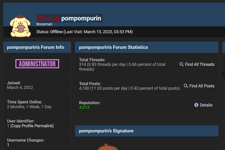 Ilustrasi profil Pompompurin di BreachForums.