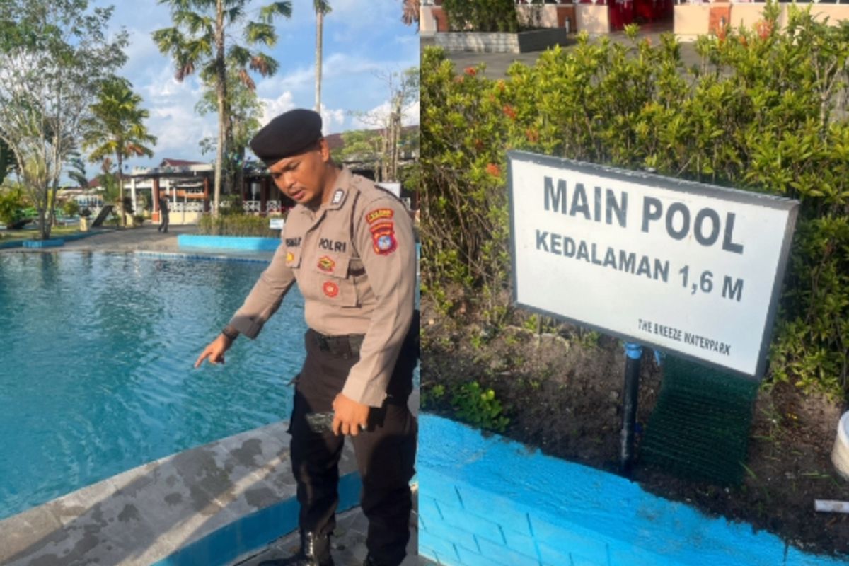 Petugas Polsek Liang Anggang memperlihatkan lokasi siswa SD tenggelam di wahana permandian di Banjarbaru, Kalsel.