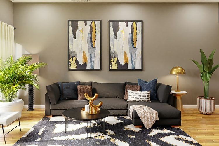 Ilustrasi ruang keluarga dengan hiasan dinding