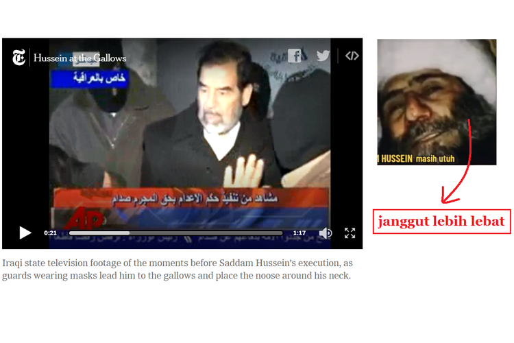 Tangkapan layar perbandingan foto Saddam Hussein sebelum kematiannya dan foto dengan klaim keliru di Facebook.