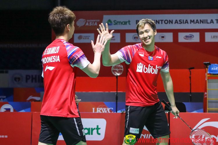 Marcus Fernaldi Gideon/Kevin Sanjaya Sukamuljo pada laga semifinal melawan India di Kejuaraan Beregu Asia 2020 di Stadion Rizal Memorial, Filipina, Sabtu (15/2/2020).