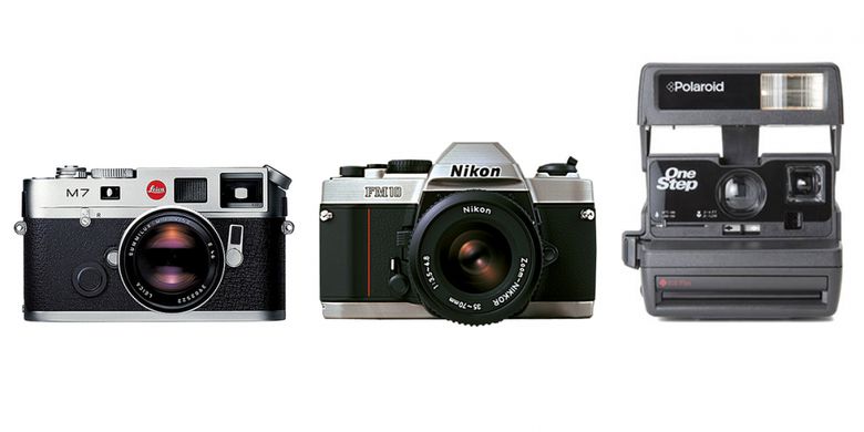 Contoh kamera film modern. Dari kiri ke kanan: Leica M7 (rangefinder), Nikon FM10 (SLR), dan Polaroid 600 (kamera instan).