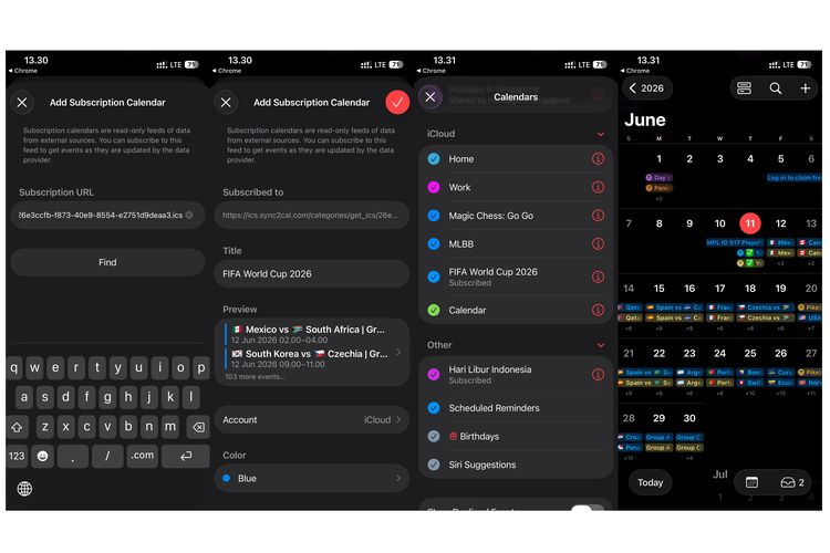 Ilustrasi memasukkan jadwal Piala Dunia 2026 via Sync2Cal ke Apple Calendar di iPhone.