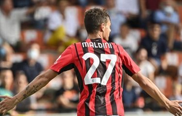 Penyerang AC Milan, Daniel Maldini, merayakan gol ke gawang Spezia pada laga lanjutan Serie A yang berlangsung di Stadion Alberto Picco, Sabtu (25/9/2021) malam WIB.