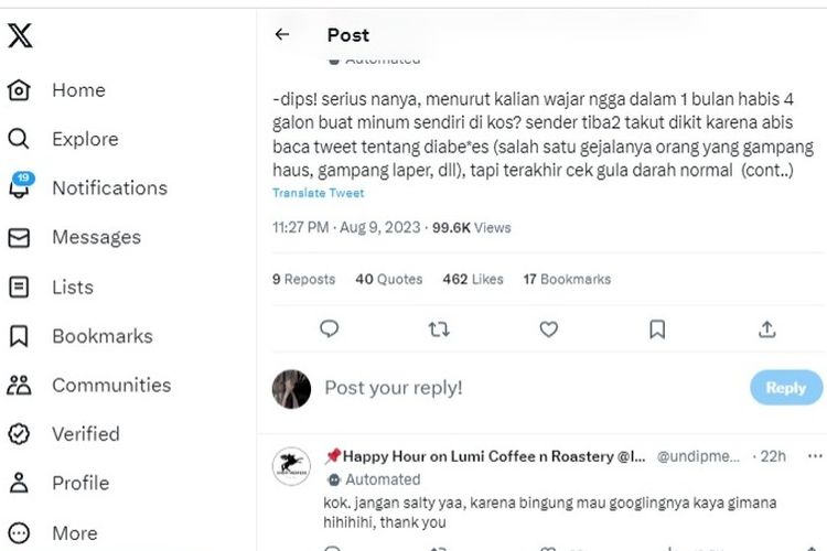 Tangkapan layar soal unggahan yang mempertanyakan apakah sering merasa haus merupakan tanda dari diabetes.