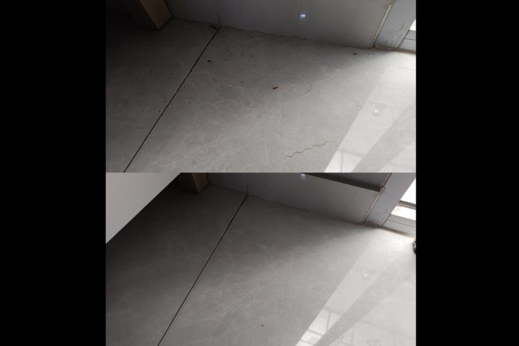 Atas ke bawah: perbandingan lantai sebelum dan setelah dibersihkan Xiaomi Robot Vacuum S40C