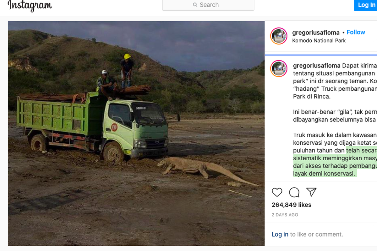 Unggahan Akun Instagran @gregoriusafioma mengenai kondis pembangunan di Pulau Rinca.