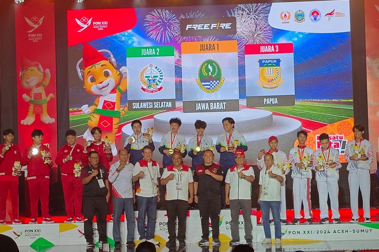 Tiga tim yang meraih medali di cabang olahraga e-sports nomor Free Fire di PON XXI 2024, Jawa Barat medali emas, Sulawesi Selatan medali perak, dan Papua medali perunggu