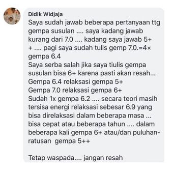Tangkapan layar status Didik Widjaja terkait gempa di Lombok.