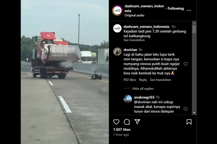 Video viral, sopir truk mengejar truk yang meluncur tanpa awak di jalan tol