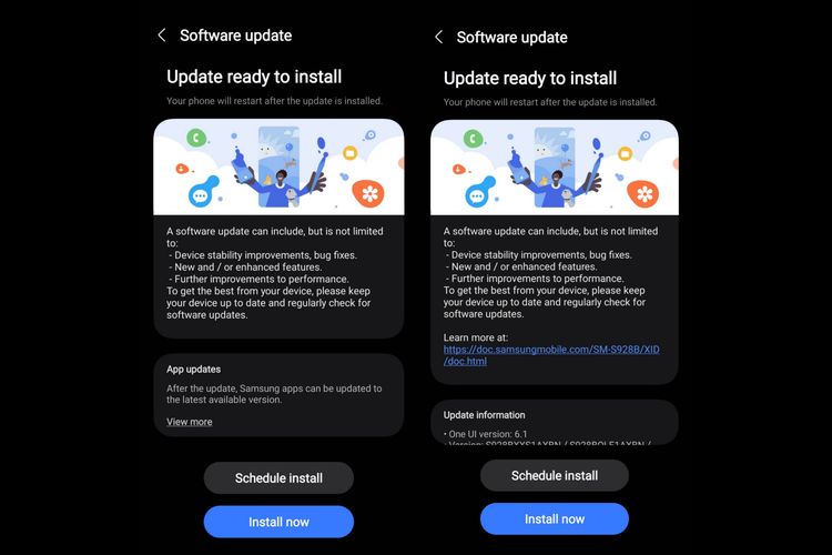 Tangkapan layar dua update firmware yang sudah diterima Samsung Galaxy S24 Ultra miliki KompasTekno pada bulan Februari dan Maret.