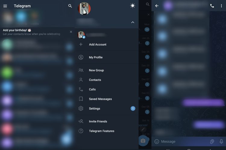 Tampilan aplikasi Telegram versi lama di HP Android.