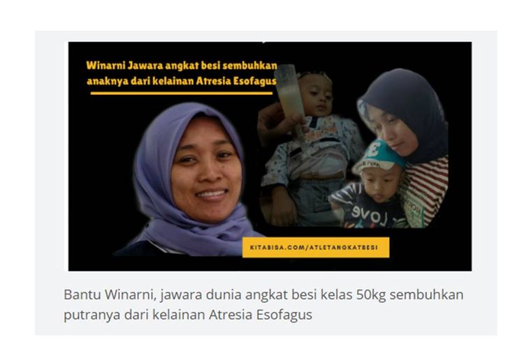 Mantan atlet angkat besi, Winarni, tengah membutuhkan dana untuk penyembuhan putranya.