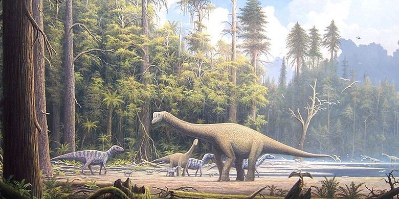 Ilustrasi kehidupan bumi di zaman mesozoik. Dinosaurus mendominasi kehidupan pada masa itu. 