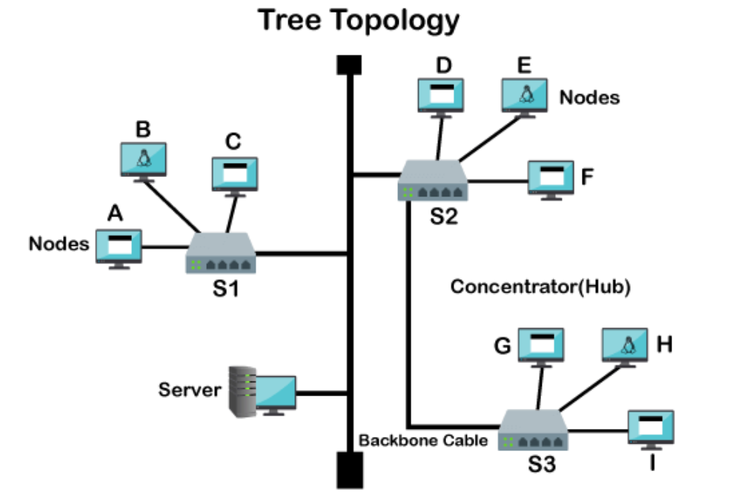 Ilustrasi topologi tree. Topologi tree adalah konfigurasi jaringan komputer yang tersusun secara hierarkis seperti struktur pohon. 