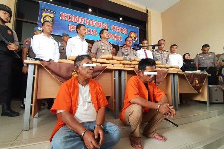 Dua tersangka pengiriman ganja siap edar sebanyak 29 kilogram saat ekspose di Mapolda Jambi, Senin (20/1/2020) siang. Ditresnarkoba Polda Jambi menggagalkan percobaan pengiriman ganja di Tanjab Barat dan Kota Jambi. (Tribun Jambi/M Ferry Fadly)