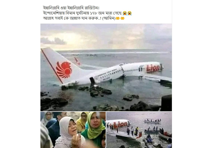 Sebuah akun Facebook Bangladesh membagikan foto-foto lawas kecelakaan pesawat Lion Air dan mengeklaimnya sebagai kejadian 2022.