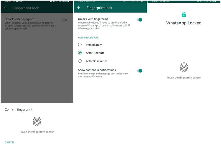 Ilustrasi langkah mengaktifkan fitur fingerprint lock WhatsApp di Android