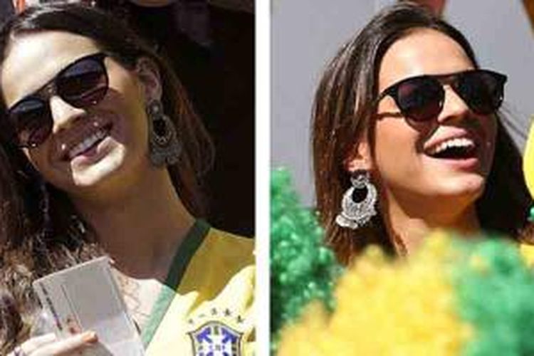 Kekasih Neymar, Bruna Marquezine, ketika menyaksikan pertandingan Brasil versus Cile di perdelapan final Piala Dunia 2014, Sabtu (28/6/2014).