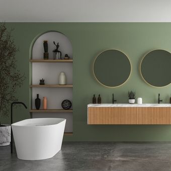 ilustrasi kamar mandi berwarna sage green