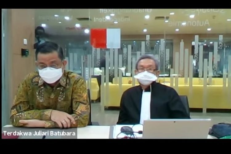 Eks Menteri Sosial Juliari Batubara saat menghadiri sidang vonis dalam kasus korupsi bansos yang digelar via livestreaming, Senin (23/8/2021).