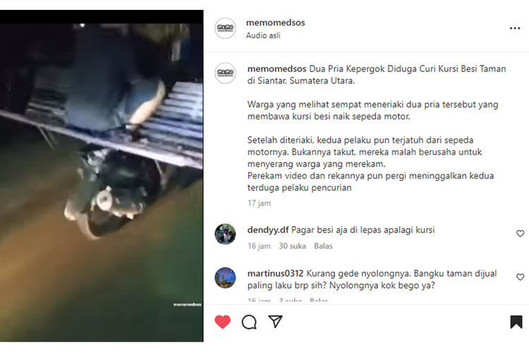 Tangkapan layar unggahan video bernarasi dua pria terpergok mencuri kursi taman di Pematang Siantar, Sumatera Utara.