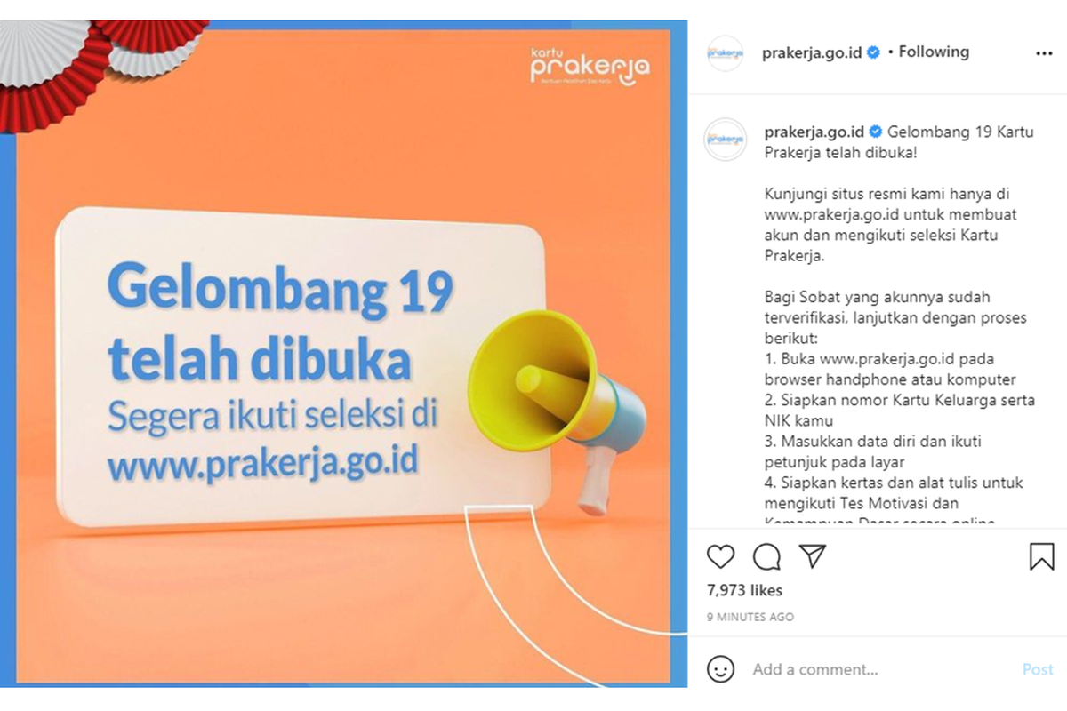 Kartu Prakerja gelombang 19 telah dibuka pada Kamis (26/8/2021) pukul 12.00 WIB.