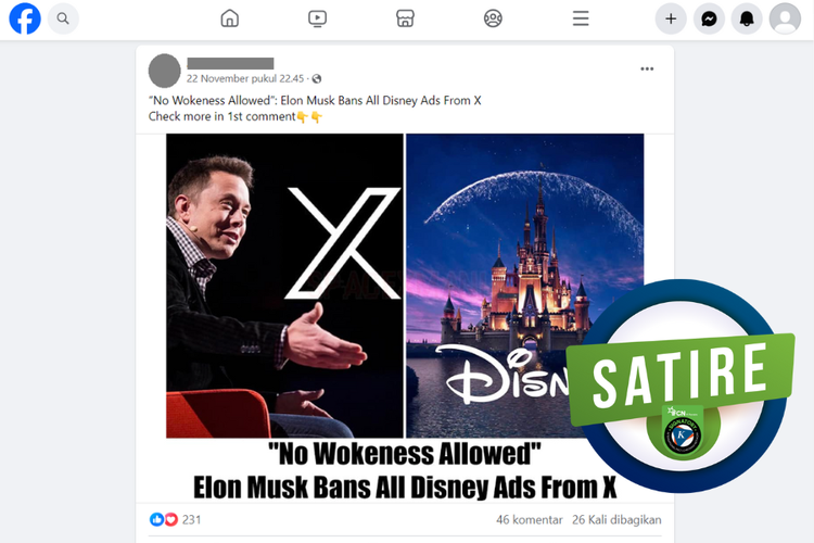 Tangkapan layar konten satire di sebuah akun Facebook, Jumat (24/11/2023), yang menyebut Elon Musk melarang iklan Disney di X.